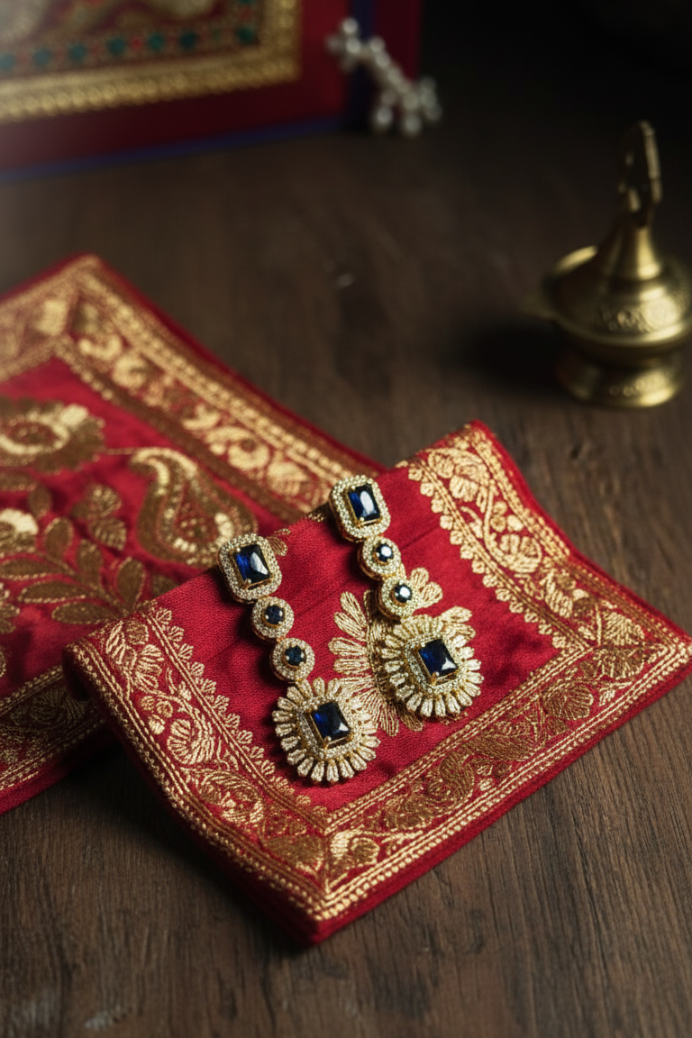 GL: Royal Blue Stone Long Earrings with American Diamond Detailing