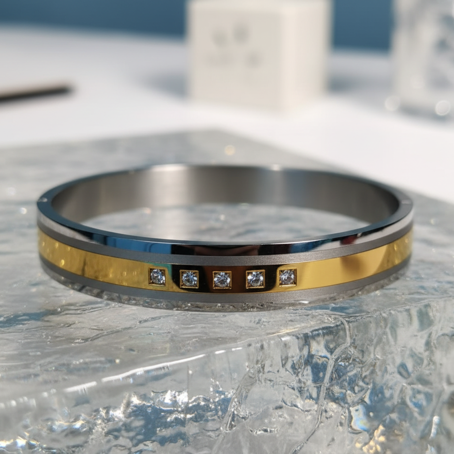 Two-Tone Gold-Plated Cuff Bracelet with CZ Diamond Accents(6-month warrenty)