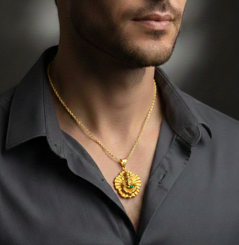 GL: Lord Ganesh Pendant Chain with Green Emerald Stone | Religious Jewellery