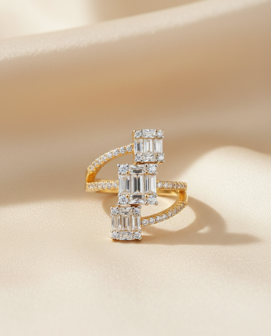 GL: Triple Emerald Cut Diamond Bypass Ring in 18K Yellow Gold