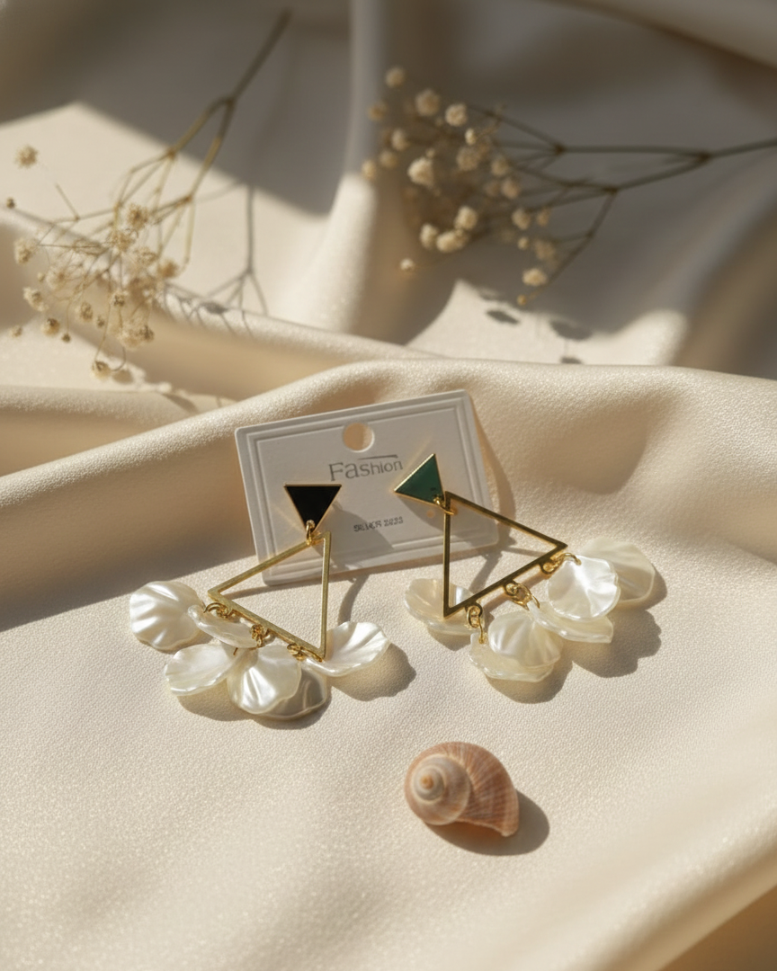 Modern Triangle Pearl-Leaf Earrings