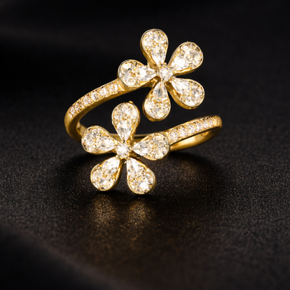 Golden Love: 18K Yellow Gold Plated Double Flower Diamond Ring