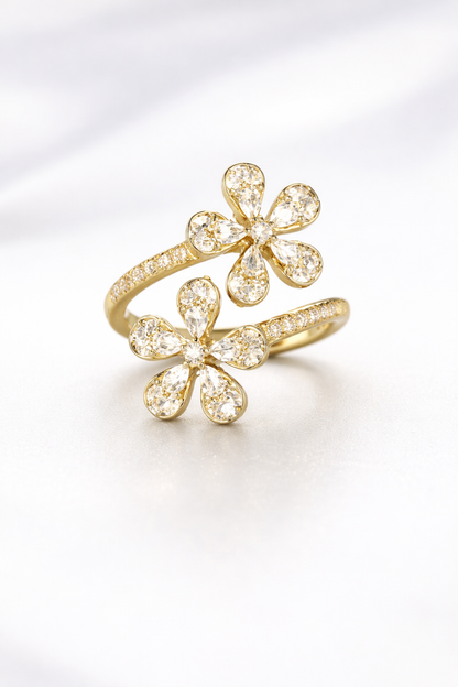 18K Yellow Gold Double Flower Diamond Ring