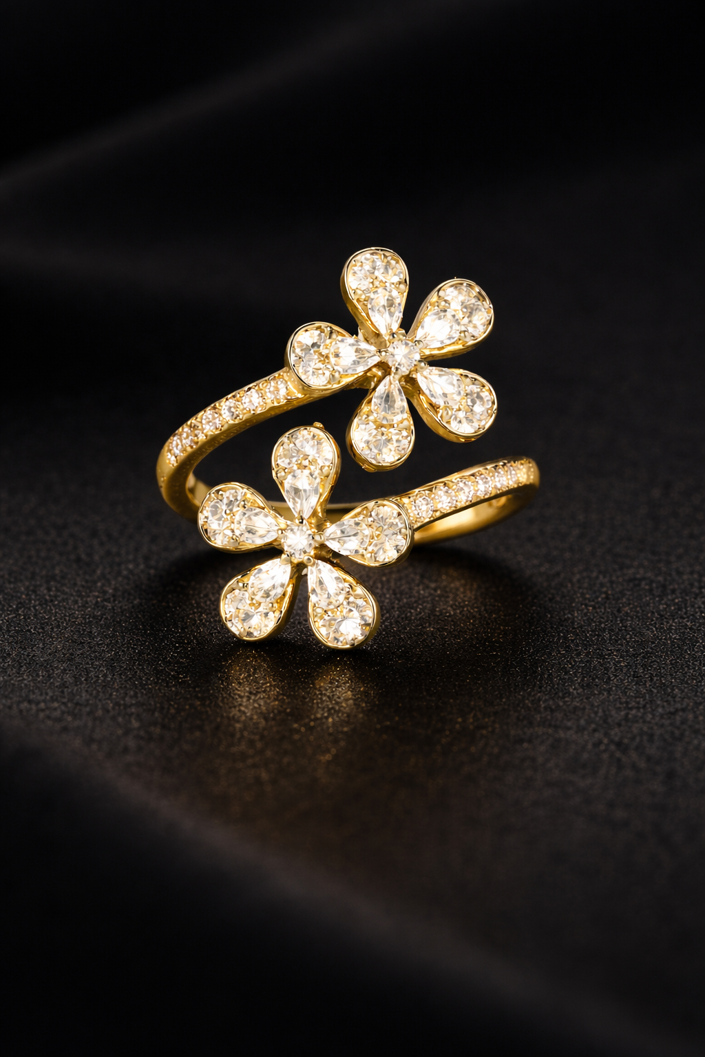 18K Yellow Gold Double Flower Diamond Ring