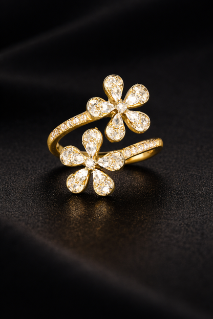 18K Yellow Gold Double Flower Diamond Ring