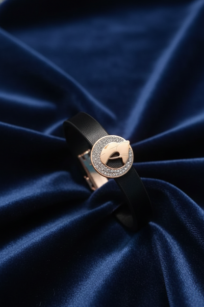 GL:18k Gold-Plated Men’s Black Leather Bracelet with Gold Clasp