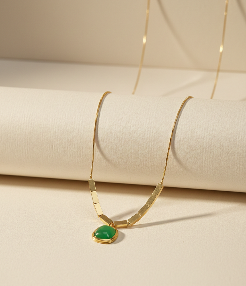 Golden Love: Green Stone Pendant & Two-Tone Bracelet |Couple jewellery