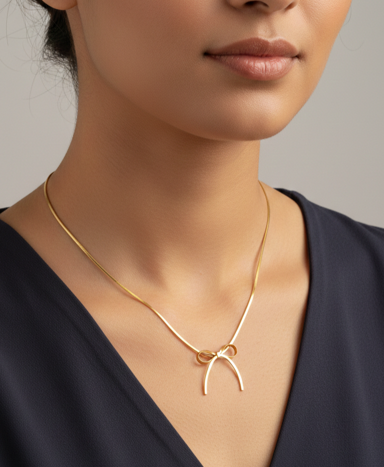 Golden Love: Ribbon Bow Pendant Gold Necklace