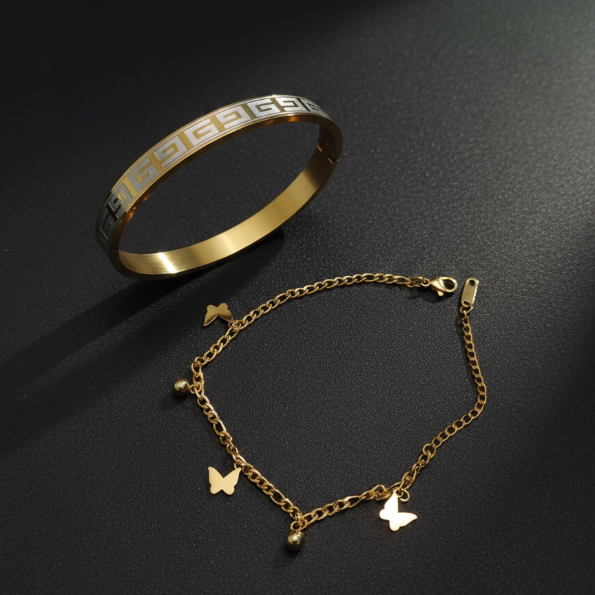 Premium Couple Bracelet Set | Gold Butterfly & Greek Key |Golden Love Jewellery