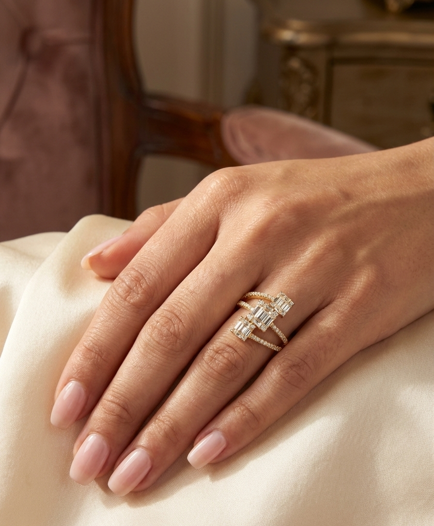 GL: Triple Emerald Cut Diamond Bypass Ring in 18K Yellow Gold