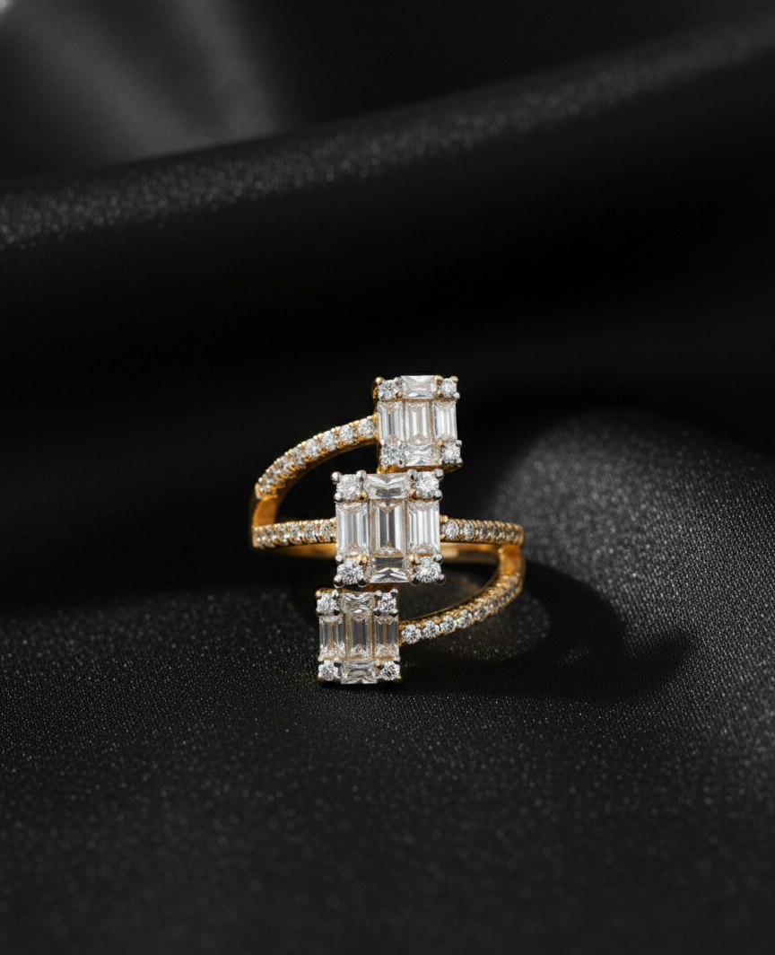 GL: Triple Emerald Cut Diamond Bypass Ring in 18K Yellow Gold