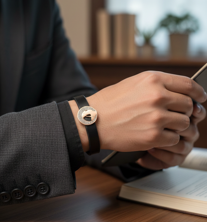 GL:18k Gold-Plated Men’s Black Leather Bracelet with Gold Clasp