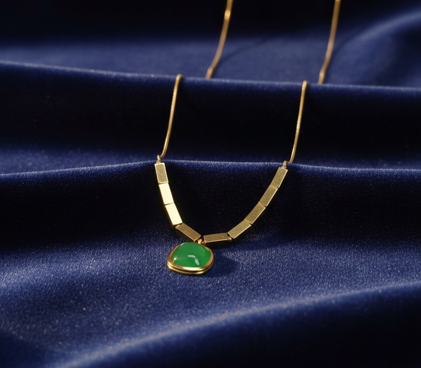 Golden Love: Green Stone Pendant & Two-Tone Bracelet |Couple jewellery