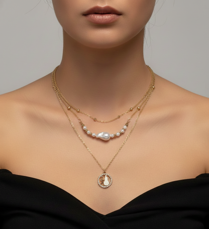 GL: Modern Bohemian Style Multi-Chain Necklace Set with Baroque Pearl