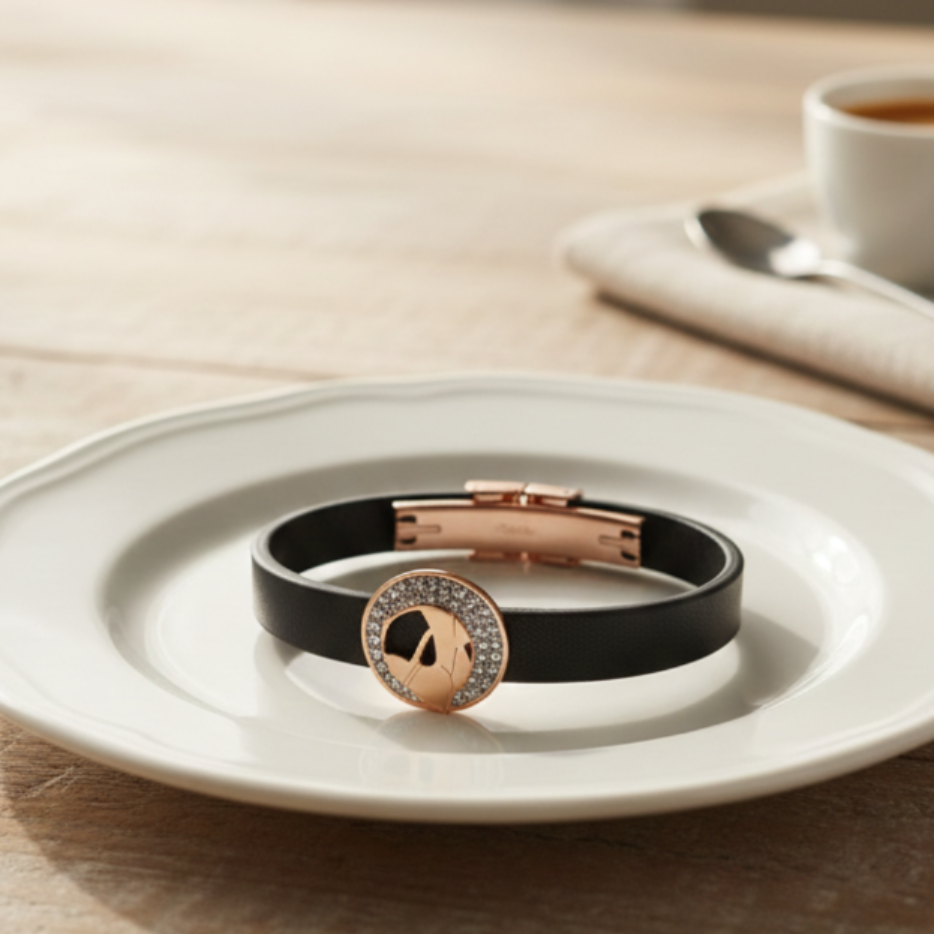 GL:18k Gold-Plated Men’s Black Leather Bracelet with Gold Clasp