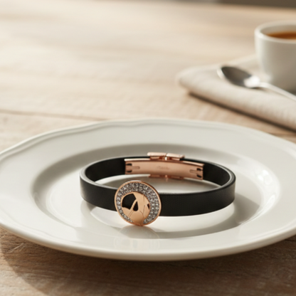 GL:18k Gold-Plated Men’s Black Leather Bracelet with Gold Clasp