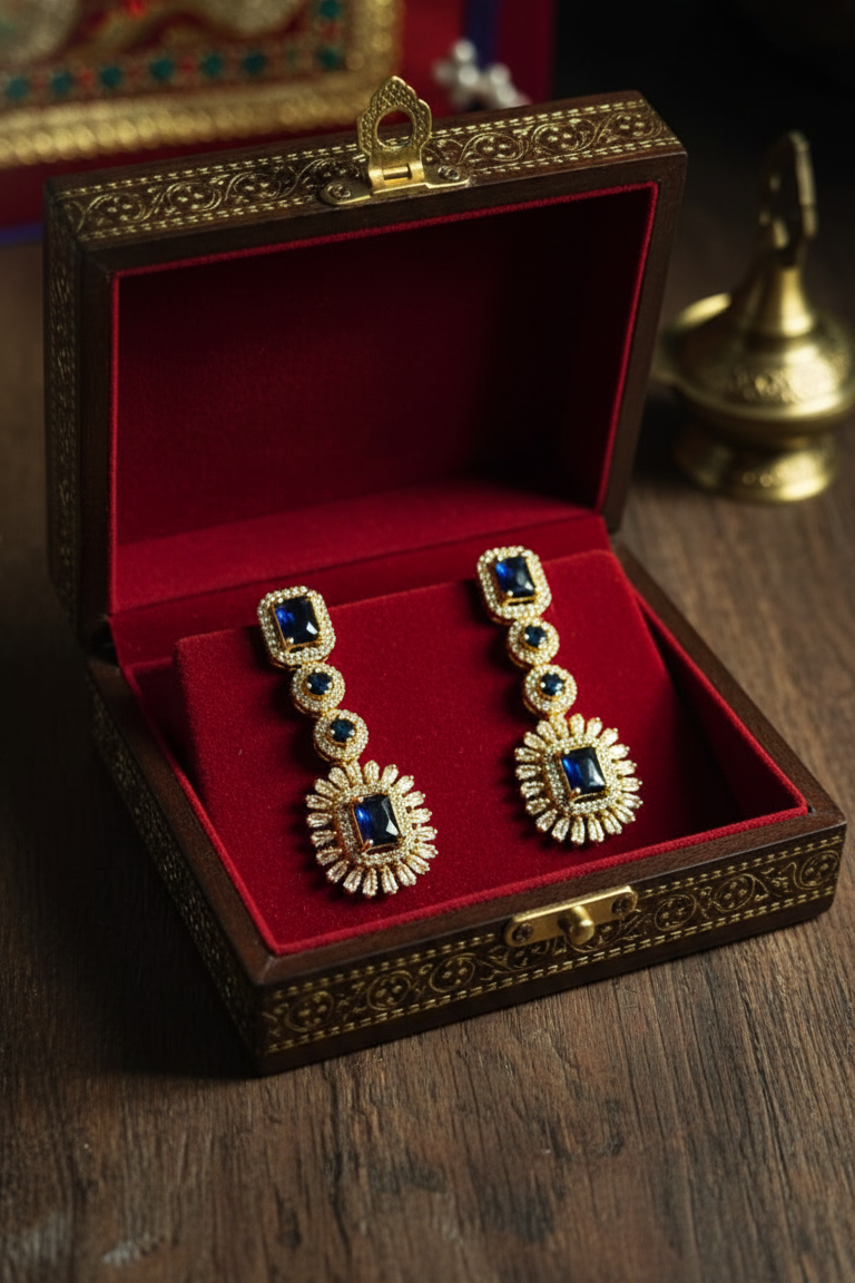GL: Royal Blue Stone Long Earrings with American Diamond Detailing