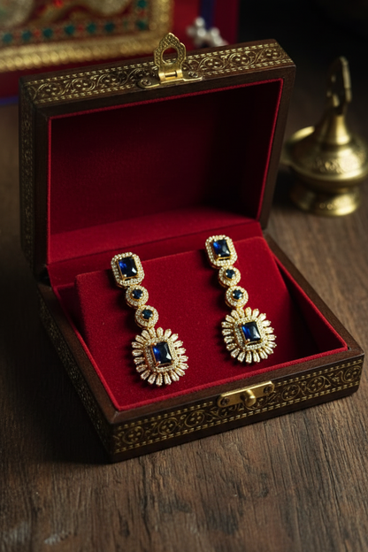 GL: Royal Blue Stone Long Earrings with American Diamond Detailing