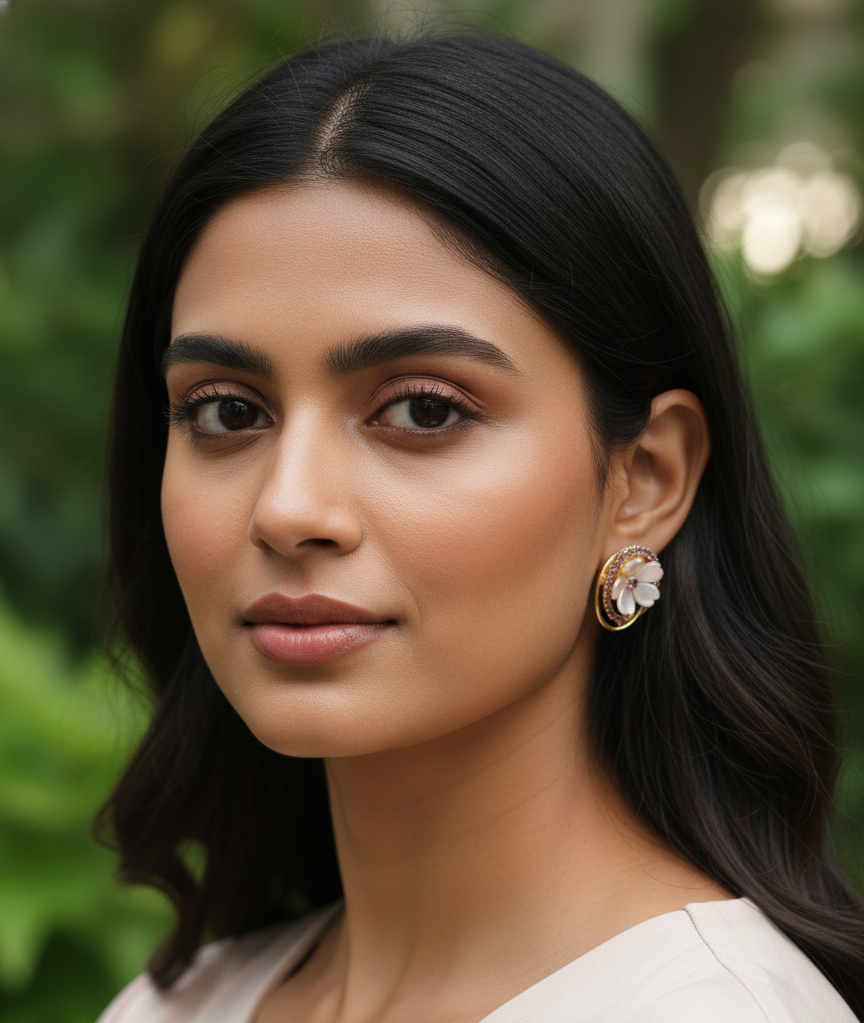 GL: Korean Pink Pearl Floral Stud Earrings with Crystal Halo