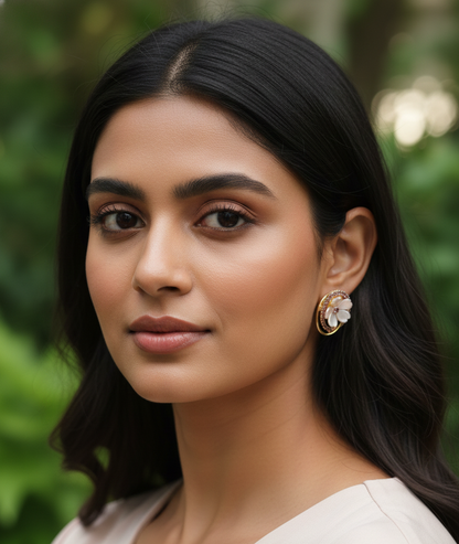 GL: Korean Pink Pearl Floral Stud Earrings with Crystal Halo