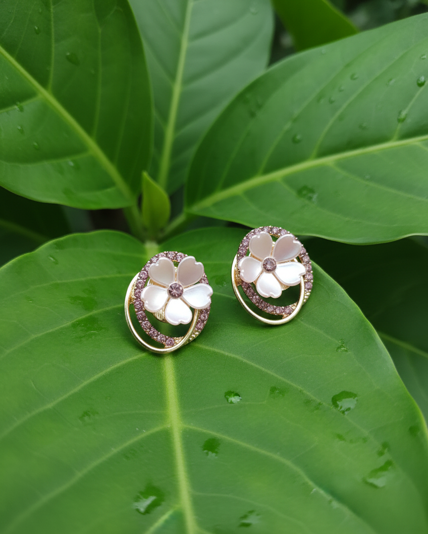 GL: Korean Pink Pearl Floral Stud Earrings with Crystal Halo