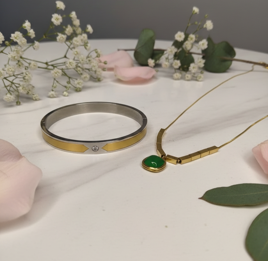 Golden Love: Green Stone Pendant & Two-Tone Bracelet |Couple jewellery