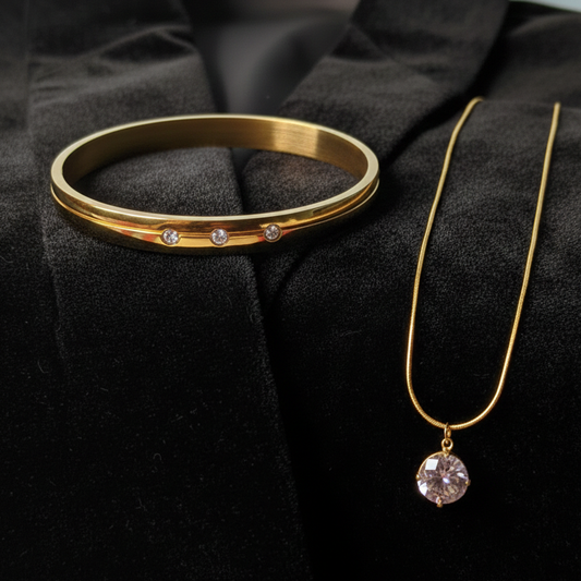 Golden Love: Gold Diamond Pendant & Triple Stone Bracelet Set | Couple Jewellery