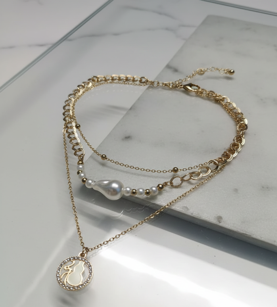 GL: Modern Bohemian Style Multi-Chain Necklace Set with Baroque Pearl