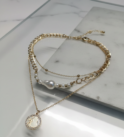 GL: Modern Bohemian Style Multi-Chain Necklace Set with Baroque Pearl