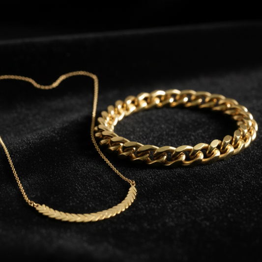Golden Love: Gold Leaf Pendant  & Thick Curb Chain Bracelet | Couple jewellery