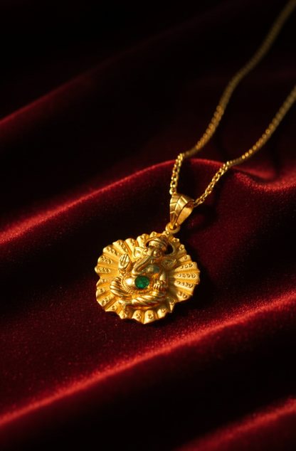 GL: Lord Ganesh Pendant Chain with Green Emerald Stone | Religious Jewellery