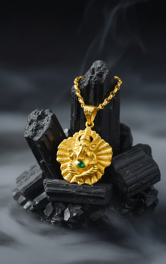 GL: Lord Ganesh Pendant Chain with Green Emerald Stone | Religious Jewellery