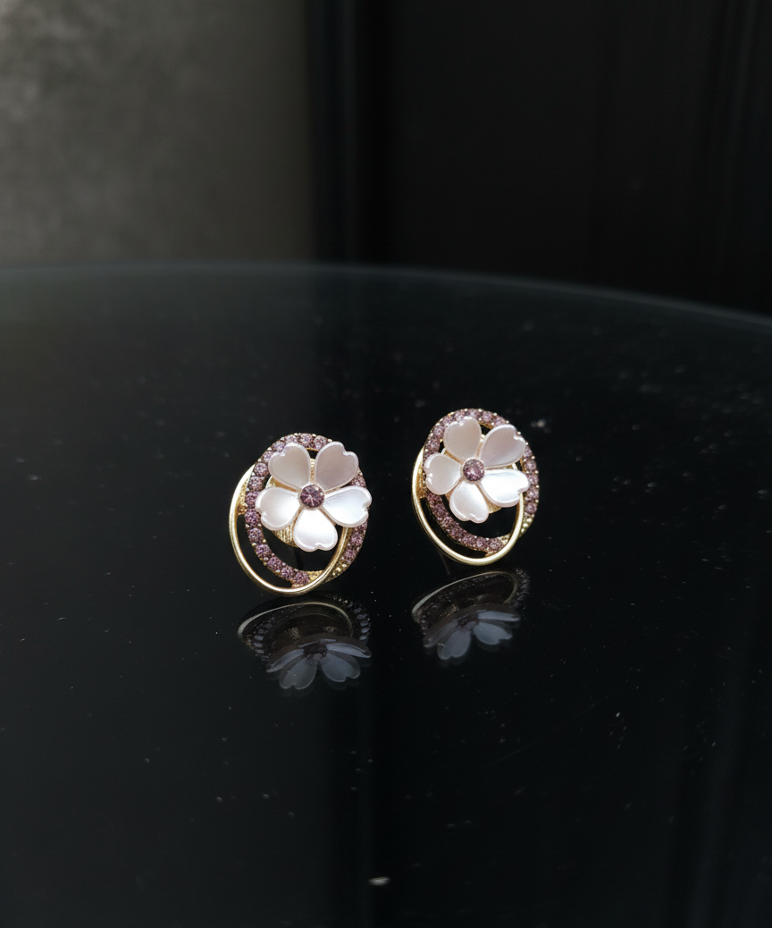 GL: Korean Pink Pearl Floral Stud Earrings with Crystal Halo
