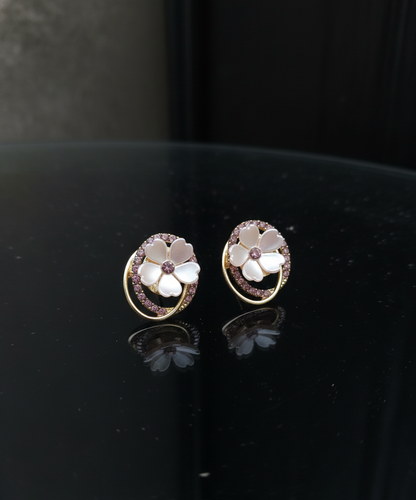 GL: Korean Pink Pearl Floral Stud Earrings with Crystal Halo