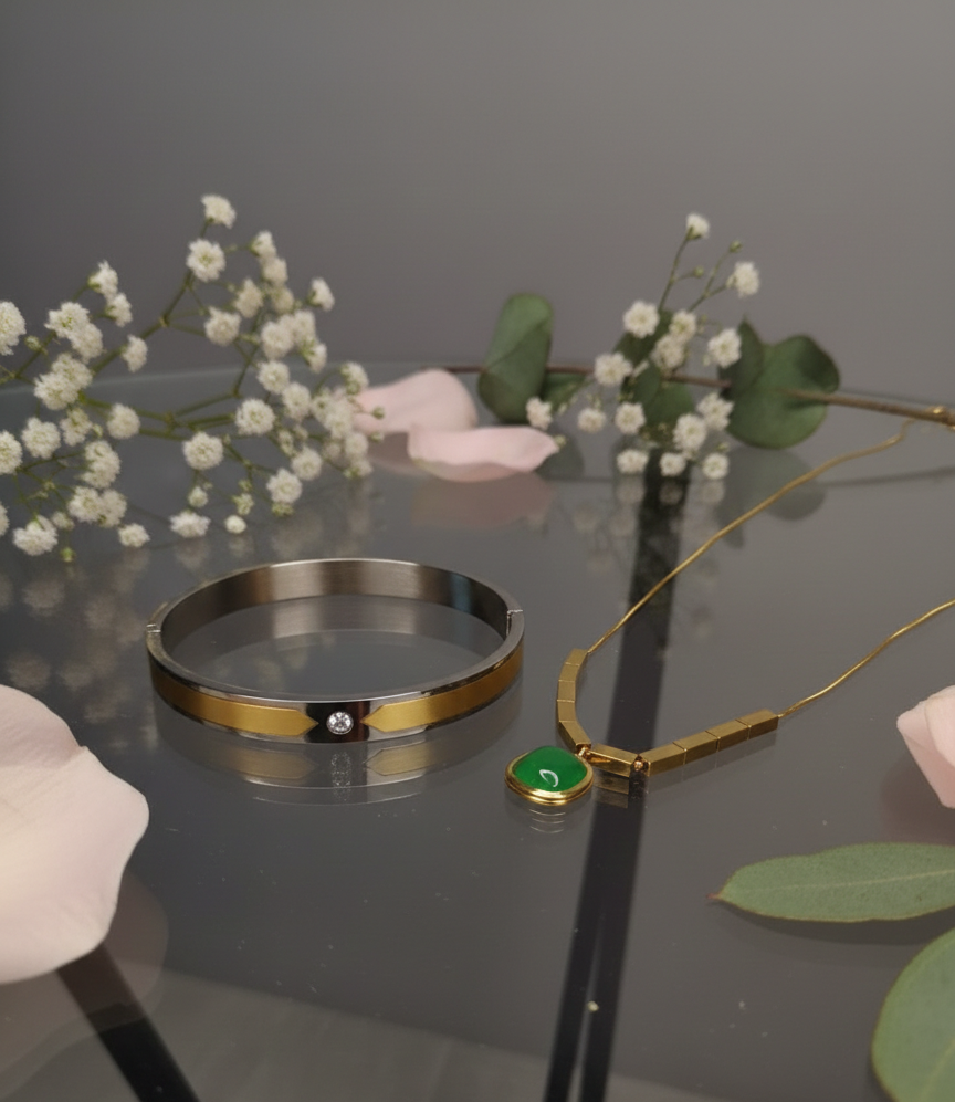 Golden Love: Green Stone Pendant & Two-Tone Bracelet |Couple jewellery