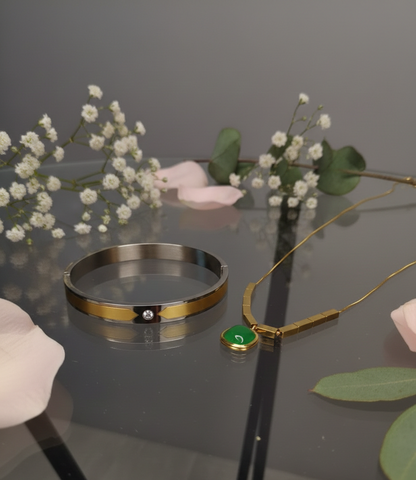 Golden Love: Green Stone Pendant & Two-Tone Bracelet |Couple jewellery
