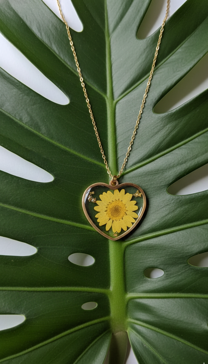 GL: 18k Gold-Plated Heart Resin Daisy Flower Pendant Necklace for Women