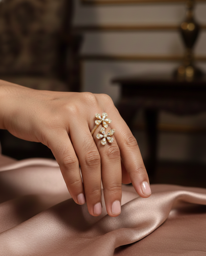 18K Yellow Gold Double Flower Diamond Ring