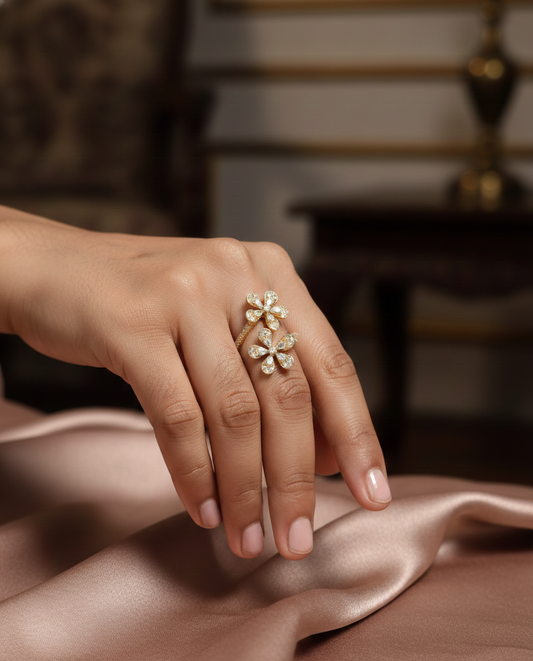 18K Yellow Gold Double Flower Diamond Ring