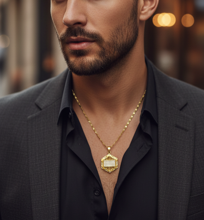 GL: 18k Golde-Plated Hexagonal Pendant with Chain for men