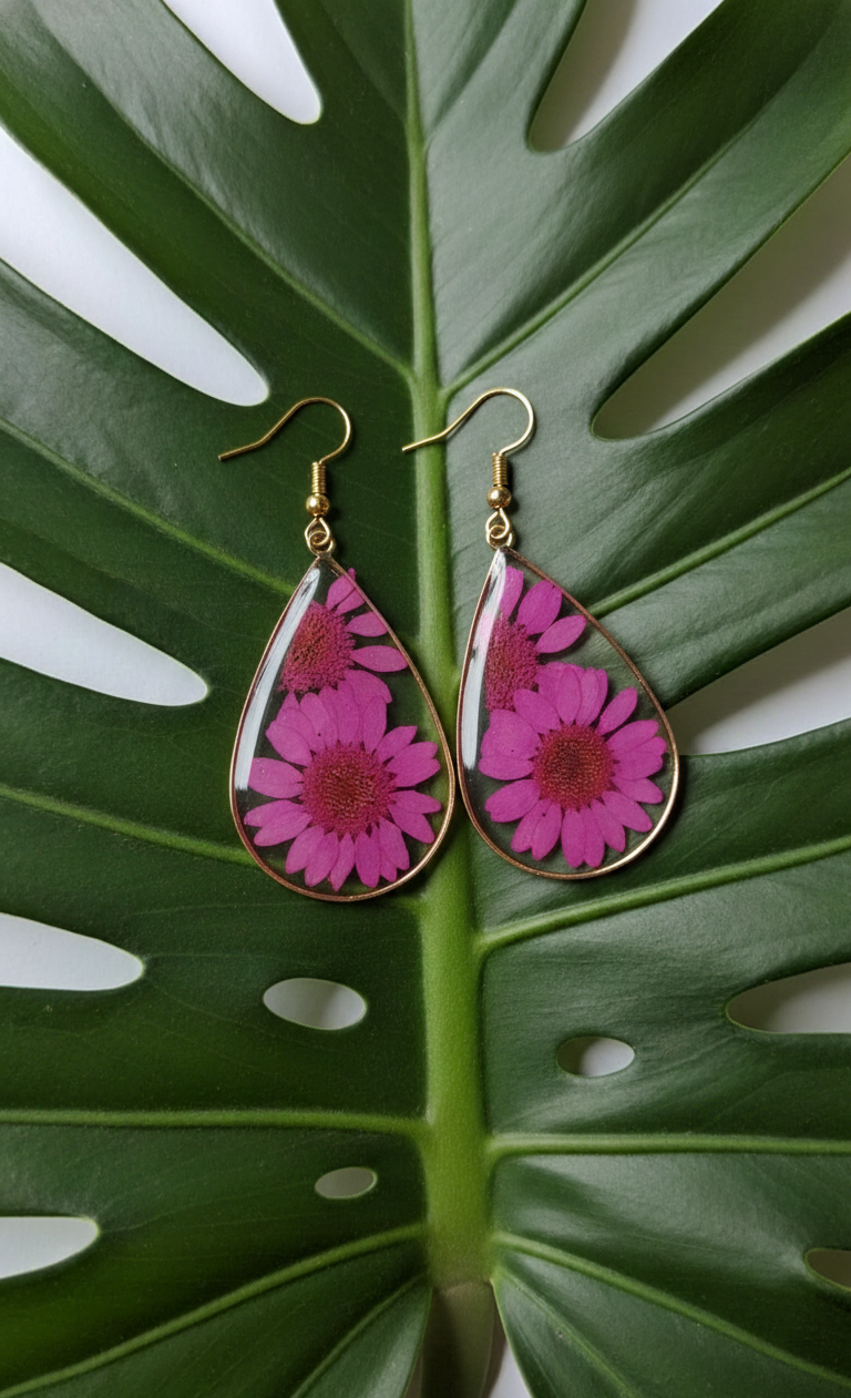 GL: Handmade Resin Pink Daisy Drop Earrings for Women