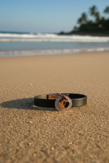 GL:18k Gold-Plated Men’s Black Leather Bracelet with Gold Clasp
